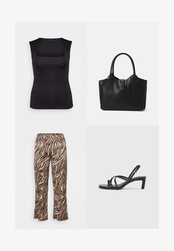 Must mustata, siledest kangast ilma varrukateta topp, millel on ruudukujuline kaelus ja istuv disain, puhaste servadega ilma nähtavate mustrite või aktsentideta.; Pruunid ja kreemilised zeebra-mustriga püksid elastse vöökohaga, laia säärega disain ja sile kangast tekstuur.; Mustast rihmajalatsid ruudukujulise varba ja madala ploki kontsaga. Omab mitmeid õhukesi rihmasid ja reguleeritavat pahkluu rihma. Valmistatud siledast nahast.; Mustgamma nahast kott, millel on sile tekstuur, struktureeritud kuju, kaks käepidet ja esiküljel silmapaistev hõbedane pandla detail.