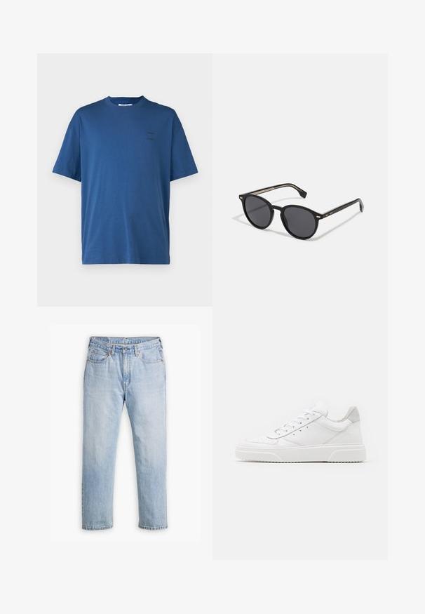 Samsøe Samsøe JOEL - T-shirt básica - true navy; Jeans de denim azul claro com um design de perna reta, estilo de cinco bolsos e costura contrastante. Fecho com botão e zíper na cintura.; Ténis brancos em pele com acabamento suave, biqueira arredondada, atacadores planos e sola texturizada. Acento em camurça cinza na parte do calcanhar.; BOSS Óculos de sol - black