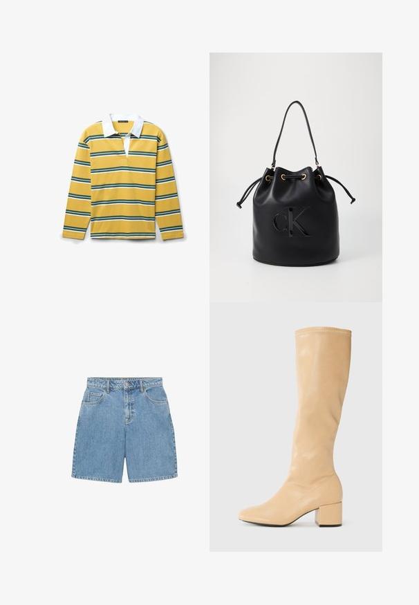 Langärmliges Poloshirt in Gelb mit grünen und weißen horizontalen Streifen. Verfügt über einen weißen Kragen und eine teilweise Knopfleiste. Aus Baumwollmaterial.; Jeansshorts in hellblau, mit hoher Taille, vier Taschen und sichtbaren Nähten. Aus strukturiertem Denim-Stoff gefertigt.; Anna Field Stiefel - beige; Schwarze Leder-Eimer-Tasche mit Kordelzugverschluss, ausgestattet mit einem glänzenden "CK"-Logo auf der Vorderseite und goldfarbenen Hardware-Akzenten.