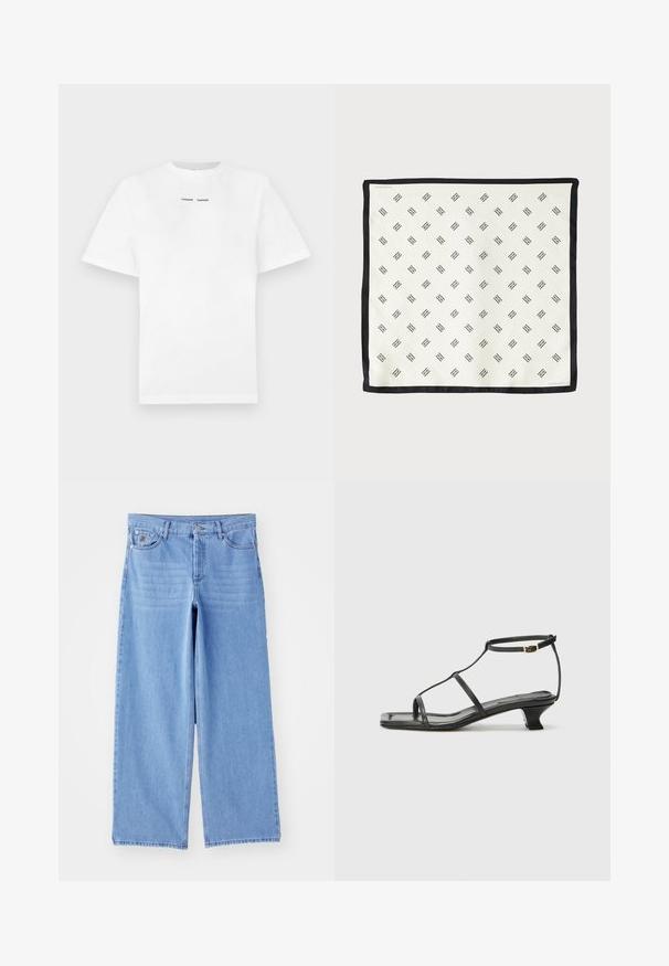 Valge puuvillane T-särk lühikeste varrukatega, ümmargune kaelus ja musta trükitud tekstiga "SAMSØE SAMSØE" rinnal. Sujuv tekstuur ja regulaarne sobivus.; Heledad sinine laiad teksapüksid, valmistatud denimist, klassikalise viie tasku kujundusega ja nupplukuga. Sile tekstuur, hõrenenud serv.; Must värviline nahk sandaal ruudukujulise varbaga, õhukeste rihmadega, kohandatava pahkluu rihmaga ja madala kandaga. Rihmal on väike kuldne aktsent.; Valge siidist sall, millel on korduv must geomeetriline muster, ümbritsetud soliidse musta äärega. Kerge ja sujuva tekstuuriga.