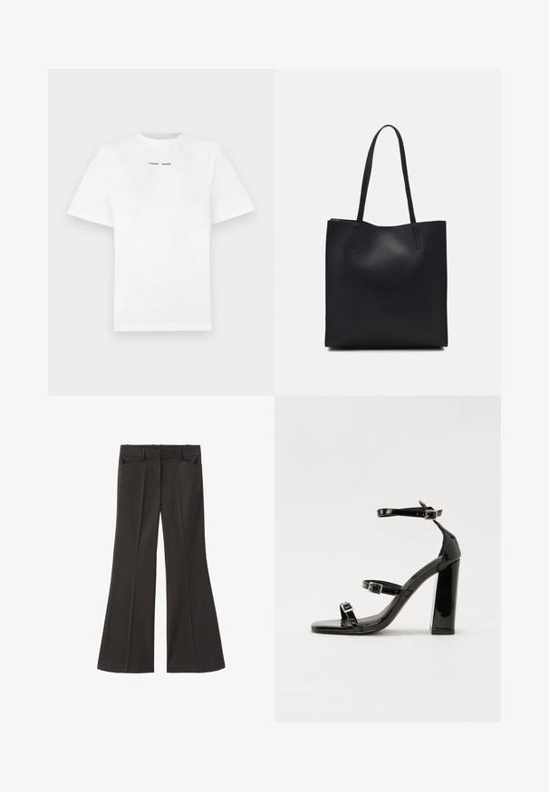 Camiseta de algodón blanca con mangas cortas, cuello redondo y texto impreso en negro "SAMSØE SAMSØE" en el pecho. Textura suave y ajuste regular.; Pantalones de campana negros con cintura alta; cuentan con dos bolsillos frontales y una textura de tela suave. Adecuados para diversas ocasiones.; Sandalias de tacón de charol negro con punta cuadrada, correas en el tobillo y hebillas plateadas. Presentan un tacón grueso para mayor estabilidad.; Bolso tote de cuero negro con textura lisa, forma rectangular y dos asas largas. Sin herrajes ni adornos visibles.