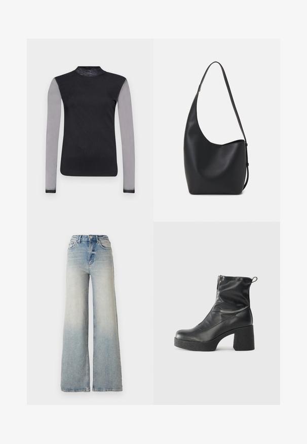 Black long-sleeve top with a mock neck, featuring sheer grey sleeves and a smooth black body. Designed with a fitted silhouette.; Light blue wide-leg jeans made of denim, featuring a high waist, five pockets, and visible stitching along the seams.; Black ankle boots made of smooth leather, featuring a side zipper, chunky textured heel, and rounded toe design.; Black leather hobo bag with a smooth texture, curved shape, and single adjustable strap; features a wide opening at the top.