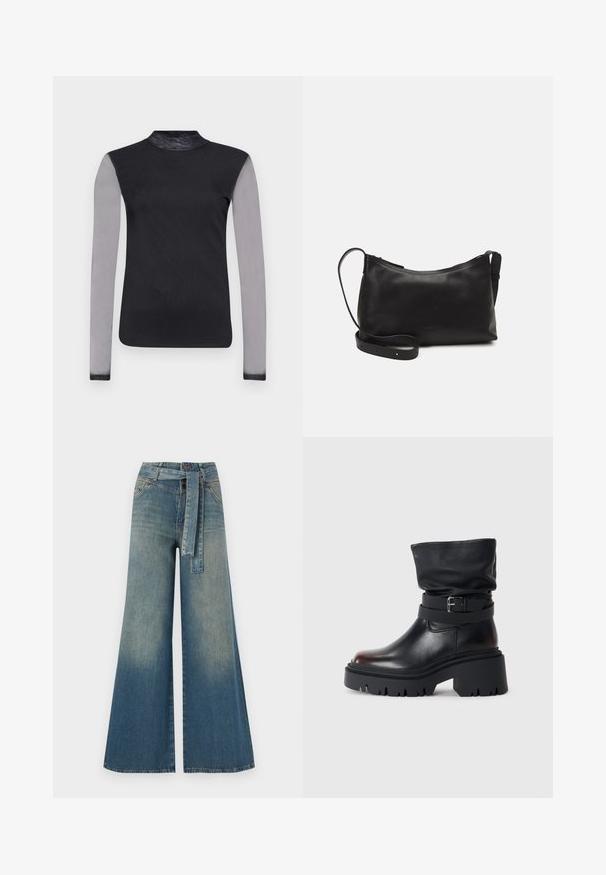 Sorte langermet topp med høy hals, med gjennomsiktige grå ermer og en glatt svart kropp. Designet med en tettsittende silhuett.; Bredde ben jeans med en lyseblå til mørkeblå gradient, høyt liv, beltehemper og et matchende belte i samme stoff. Teksturert denimoverflate.; Svart lær ankelstøvel med en slapp overdel, spenne detaljer og tykk, robust såle. Har en rund tå og glatt tekstur.; Svart skinn skulderveske med glatt tekstur, buet form, justerbar stropp og glidelås. Minimalistisk design uten dekorasjoner.