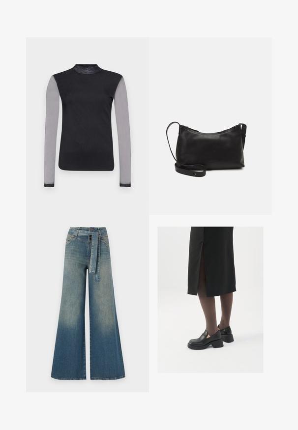 Mustaga pikkade varrukatega topp, millel on liibuv kaelus, hallid läbipaistvad varrukad ja siledast mustast kangast kereosa. Kujundus on liibuva siluetiga.; Laiad denimpüksid, millel on hele tume sinine gradiendiefekt, kõrge vöökoht, vöökumlid ja sobivast kangast vöö. Struktureeritud denimi viimistlus.; Mustad mustad jalatsid ümmarguse varbaga, paksu plokkniidi ja elastsete külgdetailidega, kombineeritud tumedate sukkade ja musta lõhikuga seelikuga.; Mustmust nahk õlakotil on sile tekstuur, kumer kuju, reguleeritav rihm ja lukuga sulgemine. Minimalistlik disain ilma kaunistusteta.