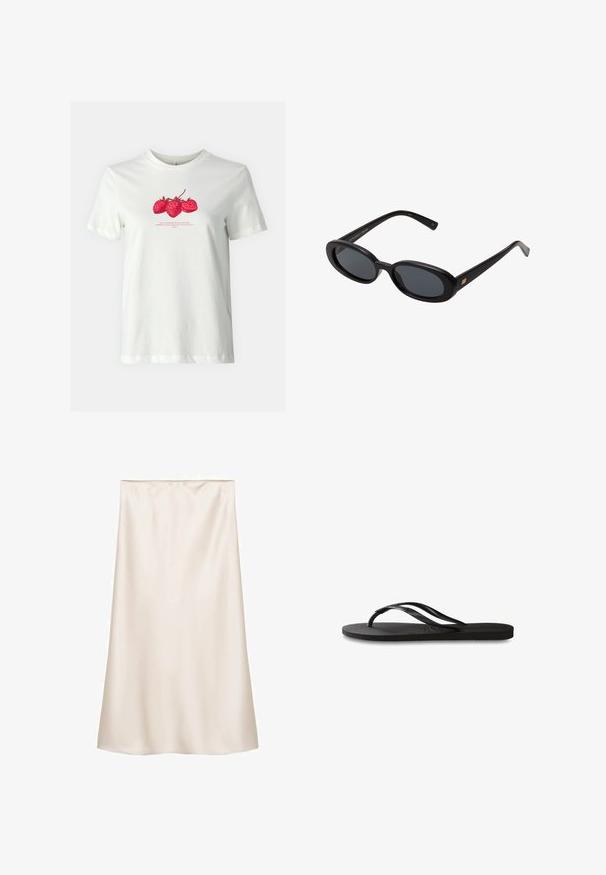 ONLY ONLKATE biały; Sukienka midi z satyny w kolorze białym, prostego kroju, z elastycznym pasem, gładką fakturą i bez widocznych wzorów czy akcentów.; Czarne klapki z teksturowaną gumową podeszwą, dwiema smukłymi paskami oraz subtelnym, wytłoczonym logo na pasku.; Czarne, oversize okulary przeciwsłoneczne z owalnymi soczewkami, gładkim plastikowym mostkiem i złotymi akcentami na zausznikach. Ciemne soczewki zapewniają ochronę przed słońcem.; Bordowa torebka wykonana z błyszczącego materiału, w kształcie prostokąta, z dwoma paskami na ramię i subtelnymi, zaokrąglonymi akcentami z przodu.