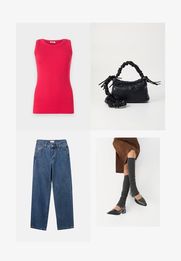 Fitted, sleeveless top made of ribbed fabric in bright pink. Features a round neckline and smooth texture with clean edges.; Classic blue denim jeans with a straight-leg design, five pockets, and a button closure. Features a medium wash and sturdy texture.; Black patent leather pointed-toe shoes with a block heel and ankle strap, paired with gray ribbed leg warmers and a brown suede skirt.; Black faux leather handbag with a crocodile texture, cinched top, and a scrunched strap. Appears soft and compact in design.