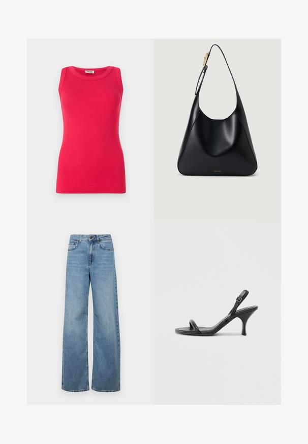 Fittet, ærmeløs top lavet af ribbet stof i klar pink. Har en rund halsudskæring og en glat tekstur med rene kanter.; Lysblå vidde jeans lavet af denim, med høj talje, frontlommer og et klassisk fem-lommers design, med subtil bleget effekt.; Sorte læder højhælede sandaler med en slank, buet hæl og et krydset stropdesign. Justerbar ankelrem. Glat tekstur.; Sort læder skuldertaske med en glat tekstur, buet silhuet og et gyldent hardware accent. Har et præget brandlogo på bunden.