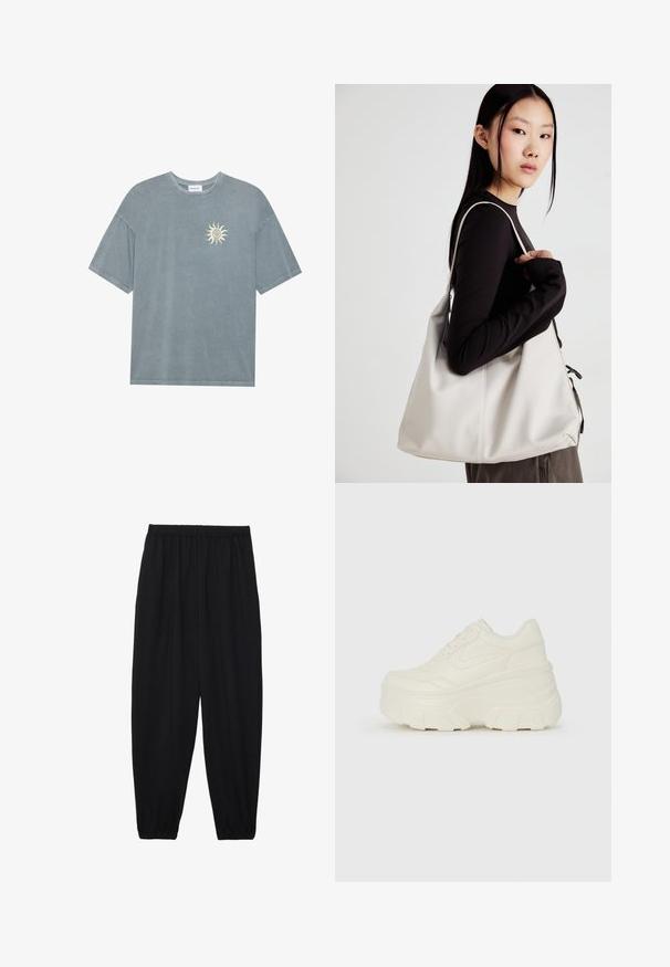 T-shirt oversized azul claro feito de algodão suave, com decote redondo e um gráfico de sol amarelo na área do peito esquerdo.; Calças pretas, leves, com um cinto elástico e punhos franzidos. O tecido é suave e apresenta um design relaxado e afunilado.; Tênis brancos de plataforma com um cabedal suave semelhante a couro, formato arredondado, colarinho acolchoado e sola de borracha texturizada com ranhuras bem definidas.; Uma bolsa bege feita de material macio, com um design descontraído, detalhes de costura e duas alças para o ombro. Adequada para uso diário.