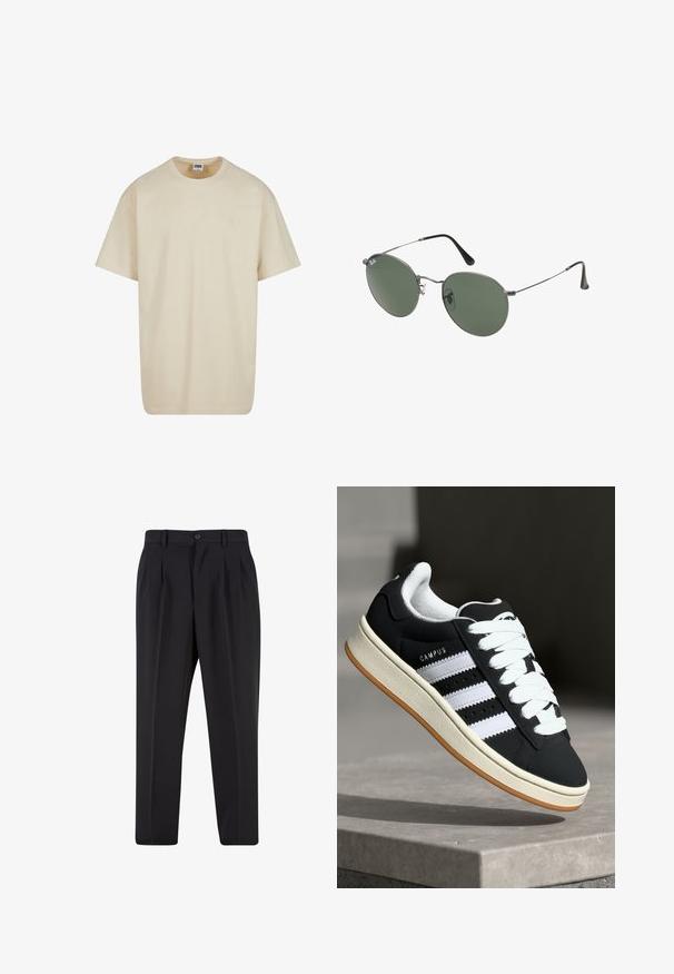 Šviesiai ruda medvilninė marškinėliai su apykakle, trumpomis rankovėmis ir laisvu siluetu. Pasirinkta paprasta dizaino koncepcija, be raštų ar akcentų.; Juodi kelnių su raukšlėtu priekiu dizainu, pagaminti iš lygaus audinio. Su mygtuko užsegimu ir diržo kilpomis; tiesios kojų formos.; Juodas sportbačis su baltais dryžiais, suvarstomas, tekstūruotas viršus ir guminis padas. Šone yra „CAMPUS“ logotipas ir gumos pado išorė.; Metaliniai akiniai su ovaliais žaliais lęšiais. Plonas sidabro spalvos metalinis rėmas ir juodi ausų laikikliai. Minimalistinis dizainas, be matomų logotipų.