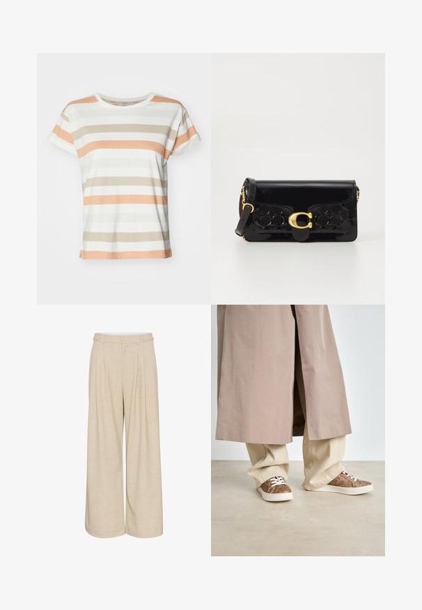 Gestreepte T-shirt van zachte katoen, met afwisselend licht perziken, beige en groene strepen op een witte achtergrond. Ronde hals en korte mouwen.; Beige wijde broek van een textuurstof met een hoge taille, voorzien van twee knopen aan de voorkant en dubbele zijzakken voor functionaliteit.; Beige trenchcoat over lichtbeige wijde broekspantalon. Bruine sneakers met een gestructureerd patroon en witte veters. Glad, minimalistisch vloerkleed.; Zwarte gepatineerde leren handtas met gouden hardware, inclusief een sluiting. Voorzien van een textuurontwerp en een afneembare schouderriem. Compact rechthoekige vorm.