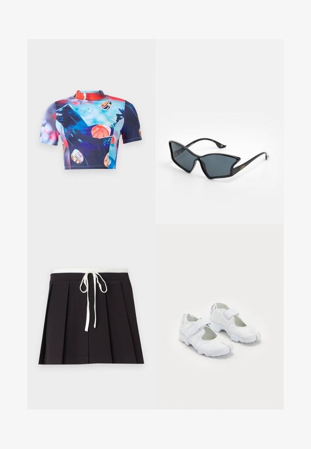 Krótkie rękawy, krótki top wykonany z elastycznego, gładkiego materiału, z żywym, wielokolorowym nadrukiem z motywami koszykarskimi i wysokim kołnierzykiem.; Biała, bezrękawnikowa bluzka z dekoltem w serek, wykonana z teksturowanej tkaniny, z wiązanym paskiem w talii. Gładki dół i swobodny krój, idealna na ciepłe dni.; Czarna plisowana spódnica z białym, plecionym ściągaczem w pasie. Wykonana z miękkiego materiału, o gładkiej fakturze i prostym, klasycznym wzorze.; Białe buty sportowe z teksturowanym cholewką, regulowanym paskiem na rzep, zaokrąglonym noskiem oraz masywną podeszwą z wyraźnym wzorem bieżnika.; Czarne plastikowe okulary przeciwsłoneczne w geometrycznym kształcie kociego oka, z szarymi soczewkami i złotymi akcentami na zausznikach. Gładka faktura na całej powierzchni oprawy.