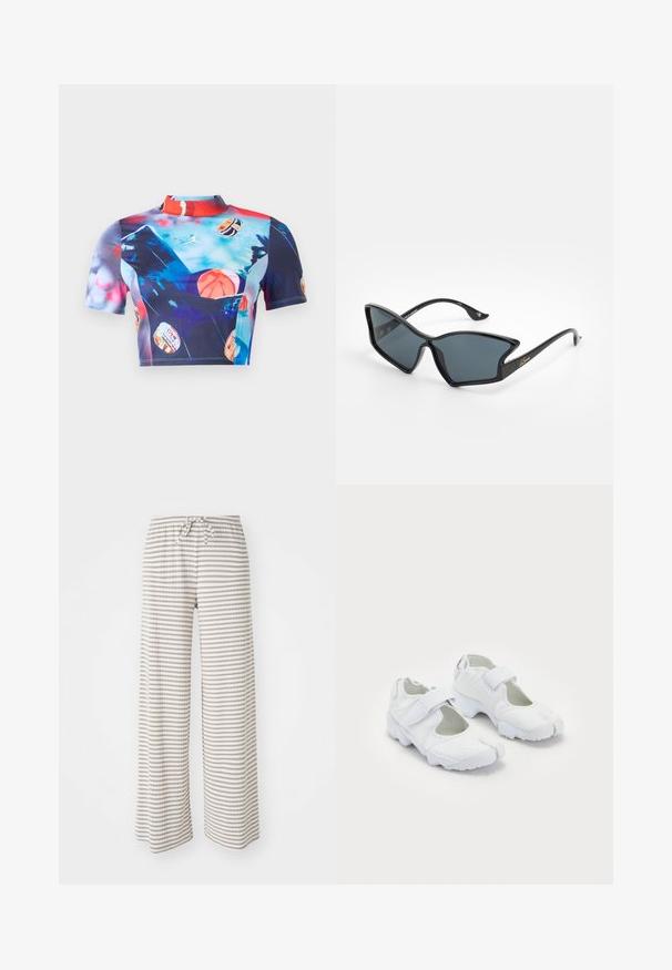 Lyhythihainen crop-top joustavasta, sileästä kankaasta, joka esittelee elävän monivärisen printin, jossa on koripallomotiiveja ja korkea kaulus.; Valkoinen hihaton toppi, jossa on V-pääntie, teksturoitu kangas ja sidottava vyötärö. Suora helma ja rento muotoilu, sopii lämpimiin säihin.; Hameet leveillä lahkeilla kevyestä kankaasta, jossa on vaakasuoria beigeja ja valkoisia raitoja. Kuminauhavyötärö, jossa on nyörisuljenta.; Valkoiset urheilukengät, joissa on teksturoitu päällinen, säädettävä tarranauha, pyöreä kärki ja paksu pohja, jossa on selkeä uramalli.; Mustat muoviset aurinkolasit, joissa on geometrinen kissan silmä -muoto, harmaat linssit ja kultaiset yksityiskohdat varsissa. Kehyksissä on sileä pinta.