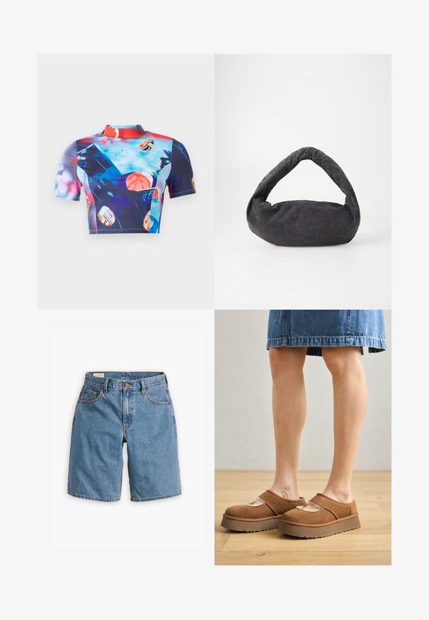 Kortermet cropped topp i elastisk, glatt stoff med et livlig flerfarget trykk med basketballmotiver og høy krage.; Blå denimshorts med en klassisk fem-lommers design, glidelås med knappe-lukking og frynsete kant.; Brune semskede platå-sko med rund tå, utskjæringer og solid såle, sammen med et dongeri-skjørt i et rom med tregulv.; Mørk grå stoffbag med et buet håndtak, myk tekstur og rund form. Ingen synlig maskinvare eller dekorasjoner.; Sølvfargede øredobber sett: to ovale stifter og to halvmåneformede hoops, med en glansfull, glatt overflate og en rund design.