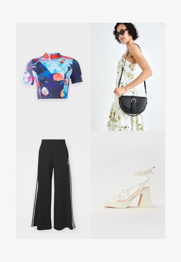 Kortærmet cropped top i strækbart, glat materiale med et livligt multicolor print med basketballmotiver og en høj krave.; Sorte brede sweatpants med elastisk talje, med hvide sidelommer og et broderet logo på venstre lår.; Hvide højhælede sandaler med en kraftig hæl, der har et stropdesign og ankelbinding. Glat tekstur med en platform foran for ekstra højde.; Sort læderhåndtaske med en buet form, aftagelig rem og guldfinish. Tasken har en klap med en spænde detalje.