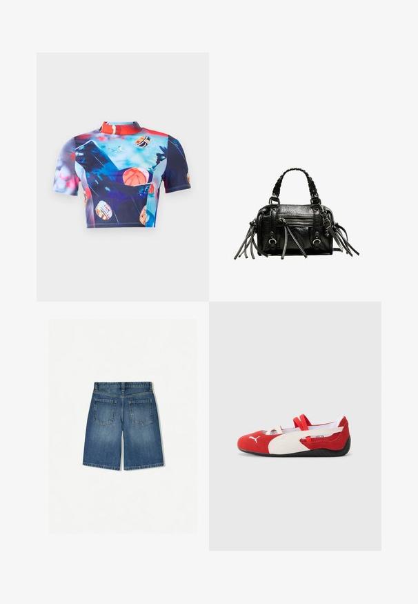 Polo scurt cu mânecă, dintr-un material elastic și neted, având un imprimeu multicolor vibrant cu motive de baschet și un design cu guler înalt.; Şort din denim de culoare albastru mediu, cu un croi lejer, având două buzunare în spate și un tiv drept, curat. Design clasic cu cinci buzunare.; Pantofi din suede roșu și alb cu un profil redus, având curele elastice și o talpă din cauciuc texturat negru. Logo-ul Puma pe lateral.; Geantă din piele neagră cu mânere împletite, suprafață texturată, buzunar frontal cu fermoar și accente decorative din franjuri. Formă compactă și structurată.