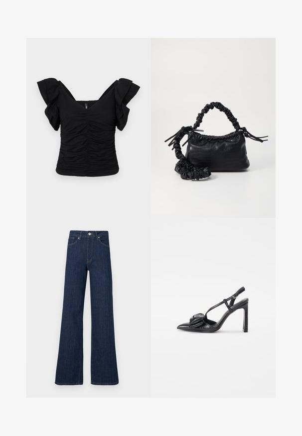 Fekete, rövid ujjú felső, fodros ujjakkal, V alakú nyakkivágással és ráncos textúrával. Puha anyagból készült, ami fokozza a kényelmet és a szabást.; Szukéjű sötétkék farmernadrág, magas derekú, látható varrással és elülső gombos záródással.; Fekete, magassarkú cipő, hegyes orral, fényes felülettel, vékony pántokkal és díszes redőzött részlettel az elején.; Fekete műbőr kézi táska krokodil bőr textúrával, összehúzható tetejű és gyűrt pánttal. Lágy és kompakt dizájnúnak tűnik.