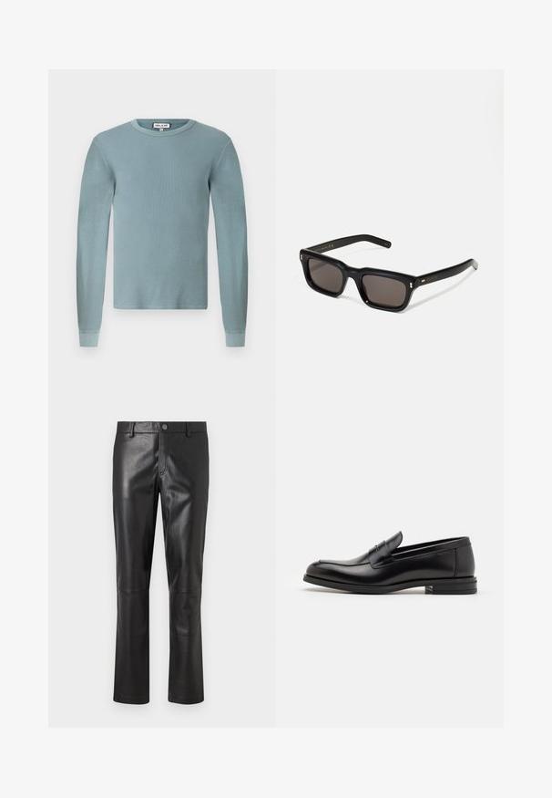 Camicia a maniche lunghe di colore azzurro chiaro con una texture a coste e scollo rotondo. Presenta polsini aderenti e un semplice etichetta del marchio sul colletto.; Pantaloni in pelle nera con una texture liscia, design a gamba dritta e cuciture sottili lungo le cuciture. Presentano una chiusura con bottone in vita.; Mocassini neri in pelle con una texture liscia, punta arrotondata e una striscia decorativa sulla tomaia. Tacco basso impilato, design minimalista.; Occhiali da sole neri rettangolari con lenti scure, montatura spessa in plastica, dettagli dorati sulle tempie e logo del marchio inciso sull'asta.