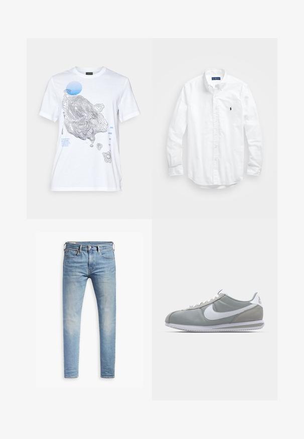T-shirt de algodão branca com um design de mapa topográfico em preto e azul, com elementos de texto e um destaque redondo azul. Mangas curtas.; Camisa de botões de manga longa branca em algodão. Apresenta um colarinho clássico, punhos com botão e um pequeno logótipo bordado em azul-marinho no peito.; Jeans slim fit em azul claro com leve desbotamento nas coxas, fecho frontal por botão, passantes para cinto e estilo de cinco bolsos sobre um fundo branco.; Sapatilha atlética cinza com um cabedal em camurça e têxtil, símbolo Nike branco e atacadores brancos. Apresenta uma sola de borracha texturizada e colarinho acolchoado.