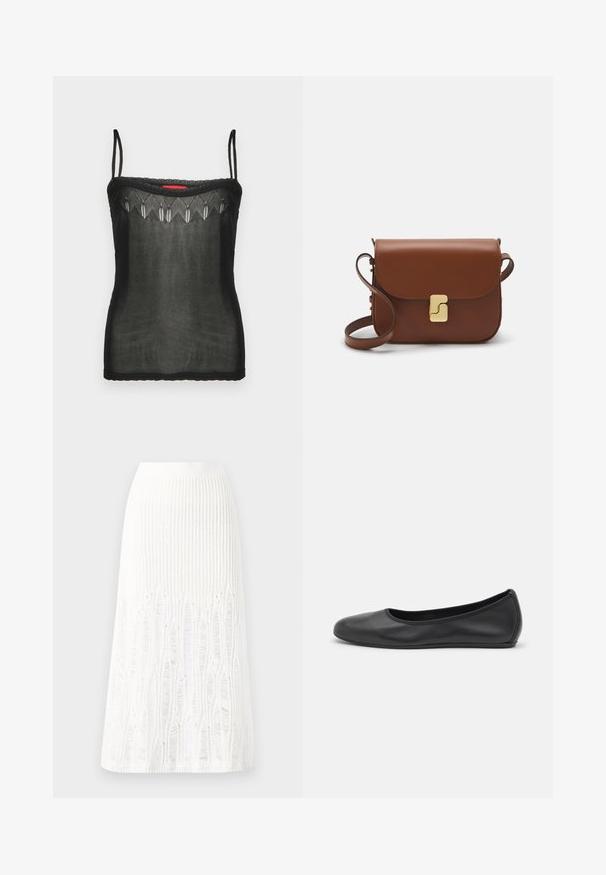 Top de camisola preto feito de tecido transparente, com detalhes bordados delicados ao longo da gola e finas alças ajustáveis.; Saia midi branca de malha com um padrão texturizado com linhas verticais e detalhes recortados perto da bainha. Cintura elástica. Material suave.; Bailarina preta em pele com bico arredondado, textura suave, detalhe de costura minimalista e design de sola flexível.; Bolsa de couro castanho com fecho de aba, decoração em tom dourado, alça de ombro e textura suave. Formato retangular compacto.