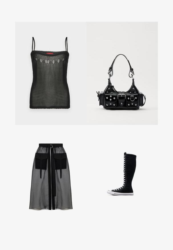 Sort camisole-top lavet af gennemsigtig stof, med delikate broderede detaljer langs halsudskæringen og tynde justerbare stropper.; Sort gennemsigtig nederdel med en rynket talje, der har to store forlommer, et taljebånd og en cirkulær metaldetalje.; Sorte høje sneakers med et højt design, lavet af kanvas. Har hvide snørebånd, syninger og en gummisål med en tåhætte.; Sort læderhåndtaske med et buet design, prydet med sølvfarvede nitter, en spænde og to sidelommer. Justerbar rem til forskellige bære muligheder.