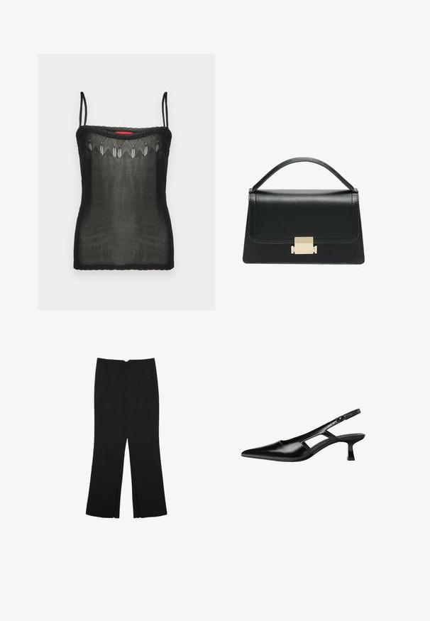 Schwarzes Camisole-Top aus transparenter Spitze, mit zarten bestickten Details am Ausschnitt und dünnen verstellbaren Trägern.; Schwarze Hose mit geradem Schnitt, ausgestattet mit Fronttaschen und Seitenschlitzen am Saum. Hergestellt aus weichem, glattem Stoff. Geeignet für verschiedene Anlässe.; Schwarze Lackleder-Slingback-High Heels mit spitzer Zehenform, ausgeschnittenem Seitendesign und kleinem Blockabsatz. Glatte Textur mit minimalen Akzenten.; Schwarze Lederhandtasche mit strukturiertem Design, oberem Griff und einem goldenen Metallschnappverschluss auf der Vorderseite. Glatte Textur, minimale Nähte.