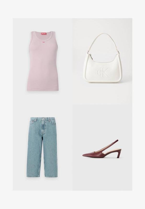 Vaaleanpunainen hihaton toppi ribbikudoksesta, pyöreällä kaula-aukolla ja pienellä punaisella logolla rinnassa. Yksinkertainen ja muotoonomMeltettu malli.; Vaaleansiniset farkkushortsit, joissa on korkea vyötärö, suora leikkaus ja raakareuna. Varustettu perinteisellä nappi- ja vetoketjukiinnityksellä sekä neljällä taskulla.; Burgundin väriset slingback-kengät, joilla on terävä kärki, leikattu yksityiskohta sivuilla ja keskipitkä, lohkokorko. Sileä nahkapinta.; Valkoinen nahkalaukku, jossa on kaareva muotoilu, etupuolella kohokuvioitu "CK" -logo ja yksi olkahihna. Vetoketjukiinnitys ylhäällä.
