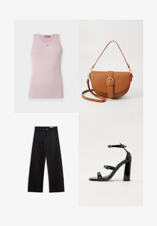 Light pink sleeveless tank top in ribbed fabric, featuring a round neckline and a small red logo on the chest. Simple and fitted design.; Black wide-leg denim pants with a high waist, featuring front and back pockets, stitched seams, and a button closure. Smooth texture.; Black patent heeled sandals with a square toe, ankle straps, and silver buckles. Features a chunky block heel for stability.; Brown leather crossbody bag with a curved shape, gold hardware, and a buckle accent. Features a detachable shoulder strap.