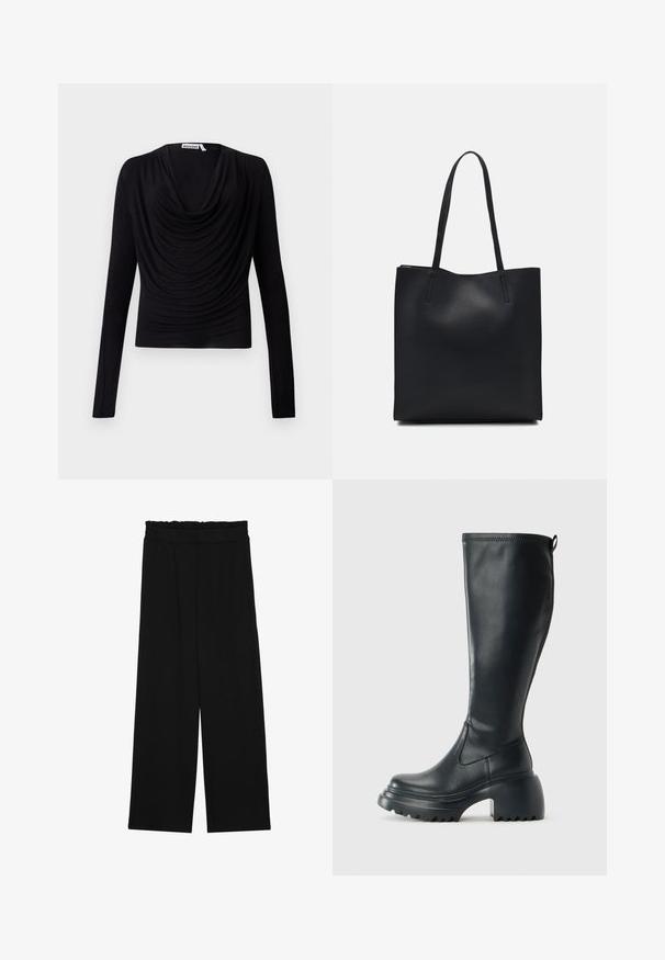 Must mustroosiga must ülikond ja drapeeritud kaelus, vormitud disain, pehme tekstuur ja sile kangas. Silt ütleb "WEEKDAY."; Mustad laiad püksid rüüstatud vöökohtadega, millel on kaks küljetaskut ja ühetaoline, kerge kangas. Ilma nähtavate mustrite või seadmeteeta.; Kõrge must nahksaapad, millel on massiivne platvormi tald ja blokk-kand, varustatud tõmbenööriga ja tekstuuriga väljatõmbejääk.; Mustast nahast kott sujuva tekstuuriga, ristkülikukujuline ja kahe pika sangaga. Pole nähtavat riistvara ega kaunistusi.