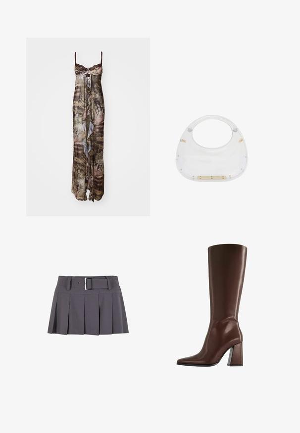 Maxikleid aus leichtem, halbtransparentem Stoff mit einem gemischten braun-grünen Muster. Verfügt über dünne Spaghettiträger und ein rüschendes Vorderteil.; Grauer plissierter Minirock mit glatter Textur, ausgestattet mit einem breiten Bund, Gürtelschlaufen und einem rechteckigen Detail in Silber mit Schnalle.; Brauner kniehoher Lederstiefel mit spitzer Zehe und klobigem mittelhohem Absatz, Seitenansicht vor weißem Hintergrund.; Transparente Acryltasche mit abgerundetem oberen Teil und offenem Griff. Mit goldenen Hardwaredetails und einer glatten, polierten Oberfläche ausgestattet.