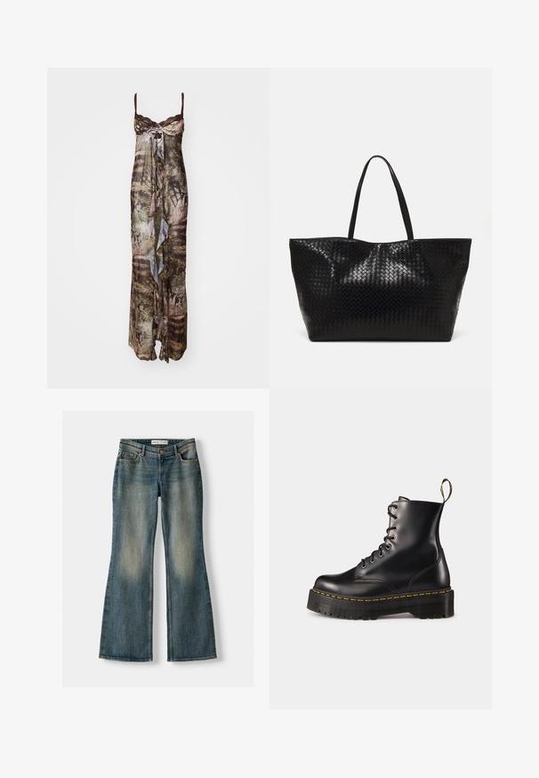 Maxi ruha könnyű, félig áttetsző anyagból, vegyes barna és zöld mintázattal. Vékony pántokkal és fodros elejével rendelkezik.; Kék, bővülő fazonú farmernadrág, elhasználódott mosással, öt zsebbel és gombos záródással. Az anyag denim textúrája finom varrási részletekkel rendelkezik.; Fekete bőrből készült, fűzős bokacsizma masszív fekete talppal és sárga varrással. Hátsó húzófüllel és kör alakú fémszemekkel rendelkezik.; Fekete szövött bevásárlótáska két strapabíró füllel, fényes felülettel és tágas, nyitott tetejű kialakítással.