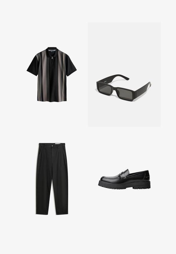 Schwarzes Poloshirt mit vertikalen Streifen in Grau, Creme und Dunkelgrau. Mit einem Reißverschlusskragen und strukturiertem Stoff. Kurze Ärmel.; Schwarze Baumwollhose mit lockerem Schnitt, ausgestattet mit einem klassischen Bund, vorderen Falten und Seiten taschen. Glatte Textur ohne Muster.; Schwarzer Lederloafer mit grobem, rutschfestem Sohlenprofil und dekorativem Riemen über der Oberseite, seitlich links auf weißem Hintergrund abgebildet.; Schwarze Sonnenbrille mit rechteckigen Gläsern, mattem Kunststoffrahmen und geraden Kanten. Verfügt über das Markenlogo auf dem inneren Bügel.
