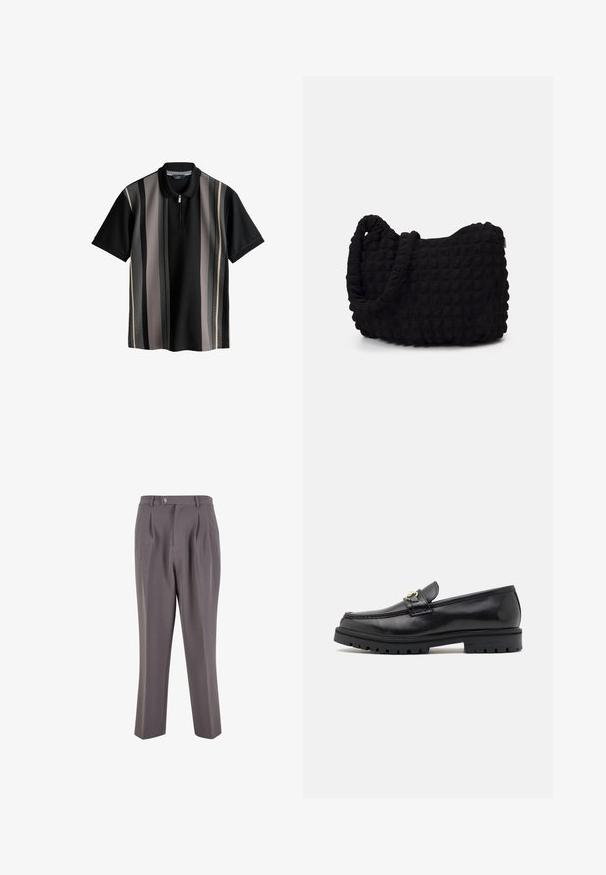 Czarna koszulka polo w pionowe paski w odcieniach szarości, kremowego i ciemnoszarego. Posiada zamek w kołnierzyku oraz fakturowany materiał. Krótkie rękawy.; Szare plisowane spodnie wykonane z gładkiego materiału, o prostym kroju nogawki, z pojedynczym zapięciem na guzik oraz skośnymi kieszeniami po bokach.; Czarne skórzane mokasyny o gładkim wykończeniu, okrągłym nosku, dekoracyjnym pasku z złotym wykończeniem oraz solidnej czarnej podeszwie.; Czarna torba z materiału o fakturowanym, pikowanym wzorze. Owalny kształt, krótkie, grube rączki oraz miękka, elastyczna struktura.