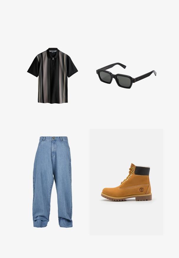 Must mustri musta polo särk, millel on vertikaalsed ribad hallis, kreemis ja tumedas hallis. Sisaldab lukuga kaelust ja tekstureeritud kangast. Lühikesed varrukad.; Heledad sinine teksapüks, millel on vabalt langev lõige, nupuga sulgemine, esipocketid ja mansett, klassikalise viie taskuga disain.; Pruun nahast pahkluu saabas metallist silmadega, valge karvane vooder, must pehmendatud krae, robustne tallal ja küljes reljeefne logo.; Mustad, nelkjalgsed prillid hallide objektiividega. Pakseplastist raamid on kuldsete aktsentidega ja kaubamärgiga templis. Sile pind.