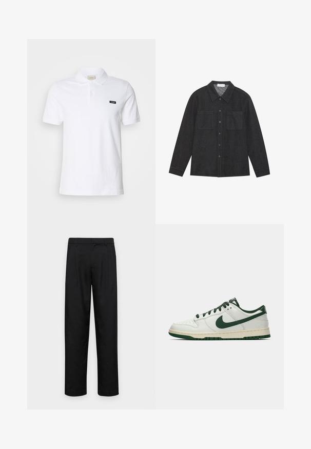 Valkoinen puuvillapaita klassisella kauluksella, lyhyillä hihoilla ja pienellä mustalla Calvin Klein -logolla vasemmassa rinnassa.; Tummanharmaa paita, joka on valmistettu rakenteellisesta kankaasta. Paidassa on terävä kaulus, napitettu etuosio ja kaksi rintataskua. Pitkät hihat napitettavilla hihoilla.; Mustat housut, jotka on valmistettu sileästä kankaasta, suoran lahkeen muotoilulla, kahdella etupleekillä ja tavanomaisella vyötäröllä, jossa on vyölenkit.; Valkoiset matalat tennarit, joissa tummanvihreä Nike-swoosh, nauhat ja pohjan korostukset, esitettynä profiilista yksinkertaisella valkoisella taustalla.