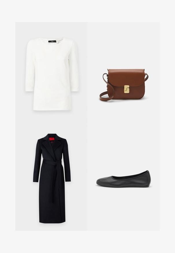 White long-sleeve t-shirt made of soft cotton with a round neckline and a relaxed fit, featuring no visible patterns or accents.; Black trench coat with long sleeves, wrap design, and matching belt. Made of smooth fabric, features a notched collar and side pockets.; Black leather ballet flat with a rounded toe, smooth texture, minimal stitching detail, and a flexible sole design.; Brown leather handbag with a flap closure, gold-tone hardware, a shoulder strap, and a smooth texture. Compact rectangular shape.