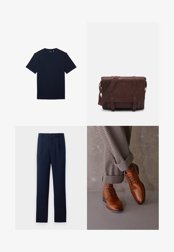 Camiseta de algodón marina con mangas cortas, cuello redondo clásico y una textura suave. Diseño sencillo, sin patrones ni acentos visibles.; Tres camisas de manga larga: azul claro, blanca y azul marino. Todas tienen un cuello clásico y cierre de botones en la parte delantera, hechas de una tela suave.; Pantalones azul marino de tejido suave, con cierre de botón único, pliegues y piernas rectas. Diseño minimalista sin patrones notables.; Los zapatos de cuero marrón tienen una puntera redondeada, un diseño de cordones con cinco ojales y cordones oscuros que contrastan. Los pantalones son de cuadros y están doblados en los puños.; Bandolera de cuero marrón con una tapa frontal plana, dos correas, detalles en metal dorado y una correa para el hombro ajustable.
