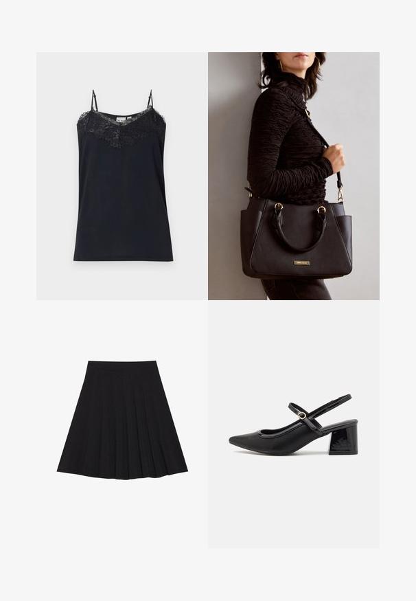 Schwarzes Top mit dünnen, verstellbaren Trägern und Spitzenbesatz entlang des Ausschnitts. Glatte Textur, figurbetonte Form und ausgefranste Spitzenkanten.; Schwarzer, plissierter Rock aus strukturiertem Stoff mit einem taillierten Bund. Fällt knielang und hat eine glatte, klare Silhouette.; Schwarze Lackleder-Slingback-Absätze mit spitzer Zehenform, einem runden Ausschnitt-Design und einem Blockabsatz. Mit einem goldfarbenen Schnallenakzent.; Schwarze Handtasche mit strukturierten Oberflächen, doppelten Obergriffen und verstellbarem Schultergurt. Mit goldfarbener Hardware und Seitentaschen.