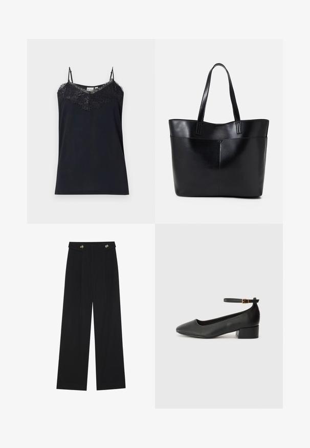 Black camisole with thin adjustable straps and lace trim along the neckline. Smooth texture, fitted shape, and frayed lace edges.; Black wide-leg trousers with high waist, button details on waistband, and front pleats.; Black leather pump with a pointed toe and a low block heel. Features an ankle strap with a gold-tone buckle. Smooth texture.; Black leather tote bag with two long handles, a smooth texture, and a structured shape. Features a front pocket for additional storage.