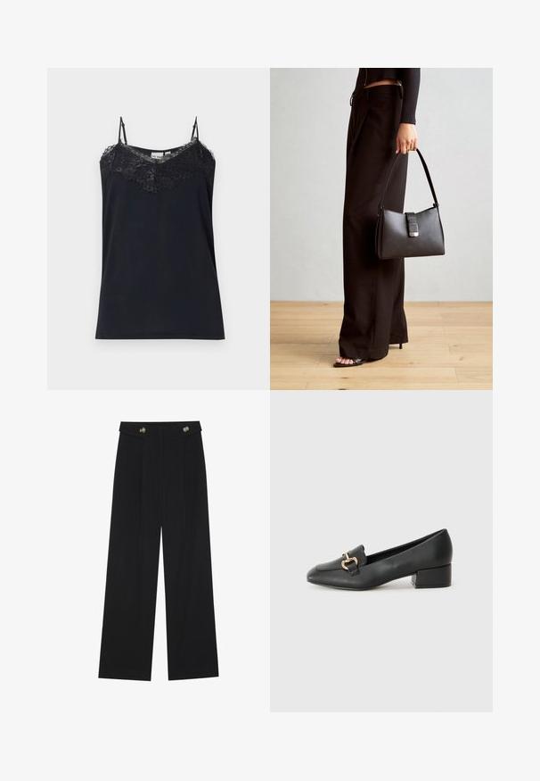 Melna kamzolīte ar plānām regulējamām siksnām un mežģīņu apdari ap kaklu. Gluda tekstūra, pieguļoša forma un saplēstas mežģīņu malas.; Melnas platās bikses ar augstu jostasvietu, pogu detaļām uz jostas un priekšējām krokām.; Melnas ādas loafers ar plakanu papēdi, kurām priekšā ir dekoratīvs zelta aparatūras elements un gluda tekstūra.; Melnā somiņa ar strukturētu formu, gludu tekstūru un metālu sprādzi. Saskaņota ar platām melnām biksēm un sandālēm ar atvērtu purngalu uz koka grīdas.
