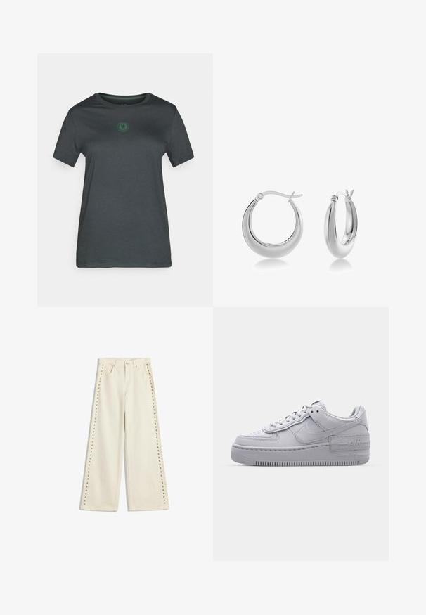 Czarnoszary t-shirt z krótkim rękawem wykonany z miękkiego materiału, z zielonym logo na środku, okrągłym dekoltem i prostym wykończeniem.; Jasno kremowe dżinsy o szerokich nogawkach z metalowymi wstawkami wzdłuż zewnętrznych szwów, pięcioma kieszeniami oraz standardowym zapięciem na guzik.; Szare sneakersy Nike Air Force 1 z perforowanym noskiem, gładką skórzaną cholewką, grubą podeszwą oraz wytłoczonym detalem 'AIR' na pięcie.; Srebrne kolczyki w kształcie obręczy z gładkim, wypolerowanym wykończeniem. Owalny kształt i konstrukcja z zawiasem. Wyróżniają się błyszczącą, odblaskową powierzchnią.