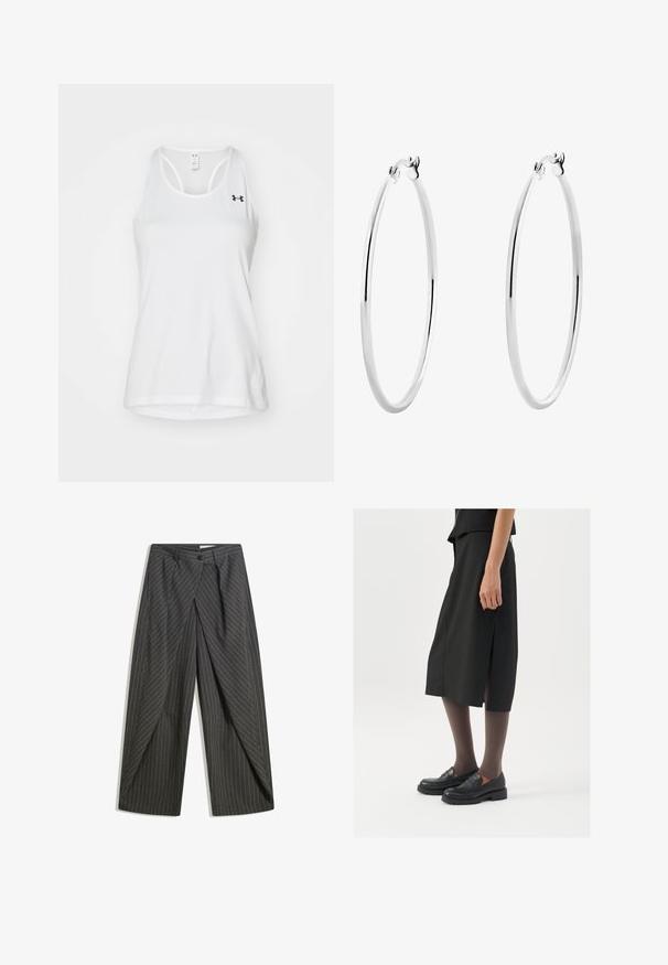 Bijeli sportski top izrađen od prozračnog mrežastog materijala. Ima okrugli izrez i dizajn s leđa koji se natjecateljski nosi. Uključuje mali crni logo na prsima.; Sivi hlače s prugicama u opuštenom kroju, s jednim gumbom, naborima i širokim nogavicama.; Crna suknja do koljena s bočnim prorezom, uparena s crnim loafericama i prozirnim smešnim čarapama, sa glatkom tkaninom i jednostavnim dizajnom.; Srebrne naušnice u obliku kružnice s glatkom, poliranom površinom i tankim, okruglim oblikom. Dizajn uključuje sigurno kopčanje.