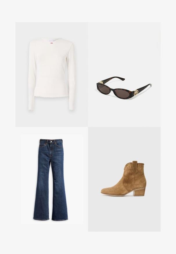 Bela dolga majica z rebrasto strukturo in okroglo ovratnikom, z raztrganim robom in diskretno cvetlično dekoracijo okoli ovratnika. Mehka, teksturirana tkanina.; Visoko pasovi temno modri kavbojki z razširjenimi nogami, sprednja zadrga in gumbe, ter zasnova s petimi žepi.; Bordo semiš škornji do gležnjev s koničastim nosom, teksturiranimi obrobami na ovratniku in blokastim peto. Imajo zanko za enostavno obuvanje.; Kornjačaste sunčane naočale s izduženim ovalnim lećama, smeškim tonovima, zlatnim logotipom na drškama i elegantnim crnim rukohvatima.; Rjava tote torba iz umetnega usnja z dvema trdnima ročajema, strukturirano obliko in minimalističnim dizajnom, ki vsebuje subtilne šive.; Zlate obročke v ovinkih, zložene skupaj, ki se ponašajo z teksturiranim dizajnom z gladkimi in ukrivljenimi robovi, kar ustvarja organski, tekoči videz.