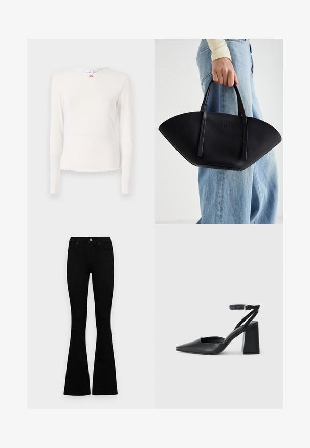 Bela dolga majica z rebrasto strukturo in okroglo ovratnikom, z raztrganim robom in diskretno cvetlično dekoracijo okoli ovratnika. Mehka, teksturirana tkanina.; Črne visokotopne kavbojke z gumbom in zadrgo, sprednjimi žepi in razširjenimi hlačnicami, poleg bel background.; Črne usnjene klasične čevlje z ostrim nosom, z zaponko za gleženj in debelim peto. Ravna tekstura, eleganten dizajn in minimalistična estetika.; Črna usnjena torbica z edinstveno obliko ventilatorja, z ravnimi ročaji. Površina ima teksturo z drobnimi kamni in minimalističen dizajn.