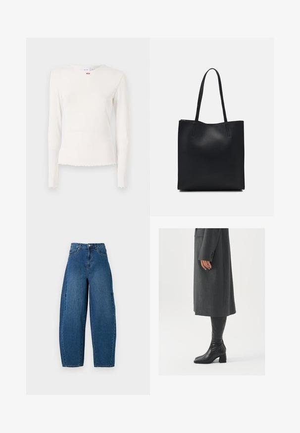 Ilgaapykaklė, raukšlėta balta palaidinė su apvaliu iškirpimu, nusidėvėjusiu kraštu ir švelnia gėlių akcentu šalia apykaklės. Minkšta, tekstūruota medžiaga.; Deniminės džinsai vidutinio mėlynumo atspalviu, su aukštu liemeniu, plačiais kojų kirpimais ir standartiniu penkių kišenių dizainu, pasižyminčiu matomais siuvimo detalėmis.; Pilkas pritaikytas paltas su tiesiu kirpimu; derinamas su juodais odiniais batais iki kelių, turinčiais kvadratinį pirštą ir storą kulną.; Juodas odinis tote krepšys su lygia tekstūra, stačiakampio formos ir dviem ilgais rankenomis. Matomų metalinių detalių ar puošybos nėra.