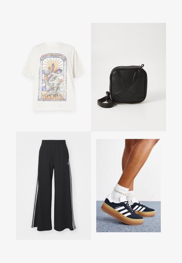 T-shirt en coton crème avec un design graphique coloré représentant un serpent, un soleil et des fleurs dans des tons de bleu et d'orange, avec le texte "RIP CURL."; Pantalons de survêtement larges noirs avec une taille élastique, présentant des rayures blanches sur les côtés et un logo brodé sur la cuisse gauche.; Baskets en daim noir avec des rayures et des accents blancs, bout arrondi, semelle extérieure en caoutchouc gomme, associées à des chaussettes blanches côtelées mi-mollet.; Sac bandoulière noir en matériau synthétique texturé. Présente un design de logo en relief et une bandoulière réglable. Fermeture zippée.