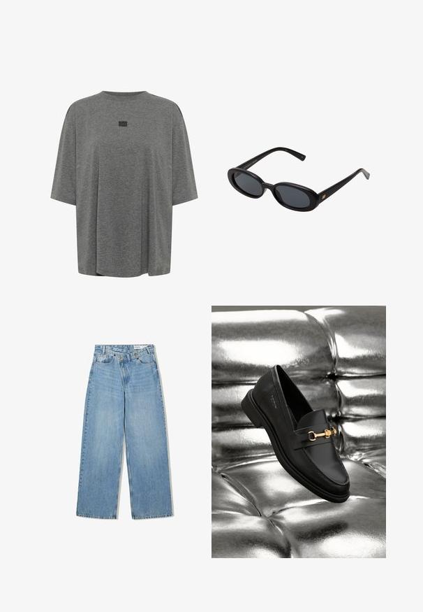 Graues, übergroßes T-Shirt aus weichem Material. Es hat einen runden Ausschnitt, kurze Ärmel und ein dezentes Logo in der Mitte.; Hellblaue weite Jeans aus Denim, mit hoher Taille, fünf Taschen, Knopfverschluss und dezentem Verblassen für Textur.; Schwarze Leder-Loafer mit goldfarbener Hardware. Der Schuh zeichnet sich durch ein elegantes Design und eine glatte, glänzende Oberfläche aus.; Schwarze, oversized Sonnenbrillen mit ovalen Gläsern, glattem Kunststoffrahmen und goldenen Akzenten an den Bügeln. Die dunklen Gläser bieten Sonnenschutz.; Weiche braune Hobo-Stil Handtasche mit einem einzigen breiten Trageriemen und einer geschwungenen Oberteilöffnung, auf einem weißen Hintergrund präsentiert.