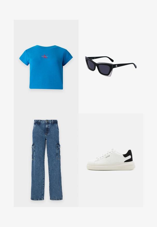 Mėlynas raukšlėtas trumpomis rankovėmis marškinėlis su apvaliu iškirpimu, su raudonu ir baltu "Calvin Klein" logotipu ant krūtinės.; Mėlynos džinsinės cargo kelnės su laisvu siluetu, turinčios dvi šonines kišenes, sutvirtintą siuvimą ir tiesaus kojų dizainą.; Baltos odinės sportbačiai su storu baltu padu, juodu nubuko kulno akcentu ir iškilmingu logotipu šone. Su raišteliais, turinčiais šešis akinius.; Juodos didelės saulės akinių su geometrine forma, turinčiais tamsius objektyvus ir kontrastingą pilką detalę ant rėmelio. Logotipas ant šalon.
