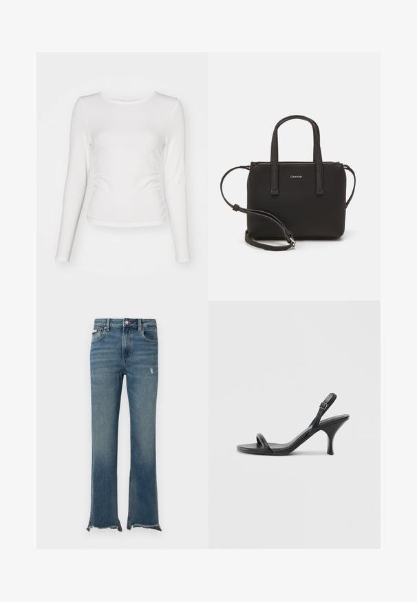 Bijela majica dugih rukava od rebraste tkanine, s prilagođenim krojem i detaljem nabiranja sa strane te okruglim izrezom.; Plave traperice sa blagim oštećenjima, sirovim poderanim rubovima, prednjim džepovima, omčama za remen i zatvaračem na gumbe.; Crne kožne sandale na visoku petu s tankom, zakrivljenom petom i dizajnom prekriženih traka. Podesiva traka oko gležnja. Glatka tekstura.; Crna torba s dva kratka ručka i uklonjivom naramenicom. Glatki materijal nalik koži s zatvaračem na zatvaranje i detaljem s logom.