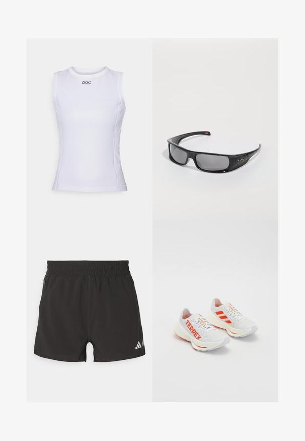 Biała bezrękawnik sportowy wykonany z teksturowanego materiału siatkowego. Posiada okrągły dekolt i małe logo z przodu.; Czarne sportowe szorty wykonane z lekkiego materiału. Posiadają elastyczny pasek w talii, boczną kieszeń na zamek błyskawiczny oraz odblaskowe logo na dolnym brzegu.; Białe buty do biegania z pomarańczowymi akcentami. Materiał siateczkowy, zaokrąglony czubek i gruba podeszwa. Na bocznej stronie nadruk 'TERREX' oraz trzy paski na pięcie.; Czarne okulary przeciwsłoneczne Oakley z zakrzywionymi ramionami i ciemnymi prostokątnymi soczewkami na białym tle.