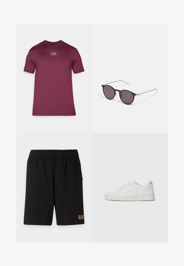 Bordová krátká trička s krátkým rukávem vyrobená z texturované tkaniny, s kulatým výstřihem a malým logem EA7 na hrudi.; Černé sportovní šortky vyrobené z měkké látky, s elastickým pasem a malým žlutým logem EA7 na dolní části levé nohy.; Bílé kožené tenisky s hladkým povrchem, kulatou špičkou, plochými tkaničkami a texturovanou podrážkou. Na patě se nachází nenápadné logo.; Černé kulaté sluneční brýle s tmavými skly a tenkými kovovými nohami. Obsahují průhledné koncovky nožiček a stříbrné akcenty na pantu. Minimalistický design.